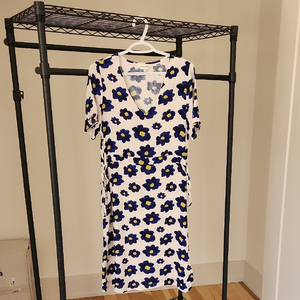Floral V-Neck Dress - Blue and White